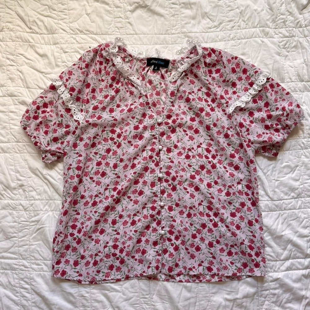 Alice Blue‎ floral milkmaid boxy top womens M lace trim cottage button front